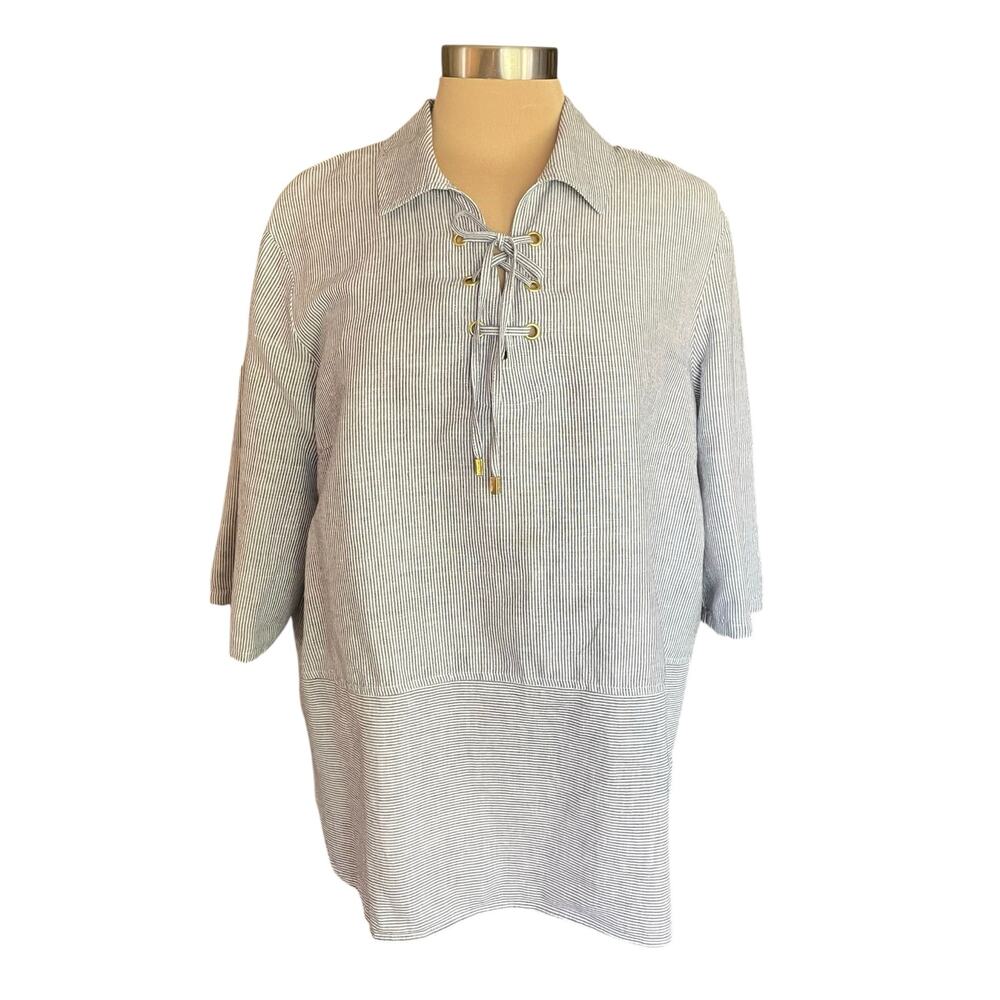 Ellen Tracy Linen Blend Popover Tunic Stripes Roll Tab Sleeves Lace Detail Sz XL